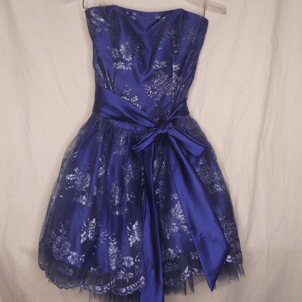 Jessica McClintock Gunne Sax Blue Silver Metallic Floral Strapless Dress Size‎ 3